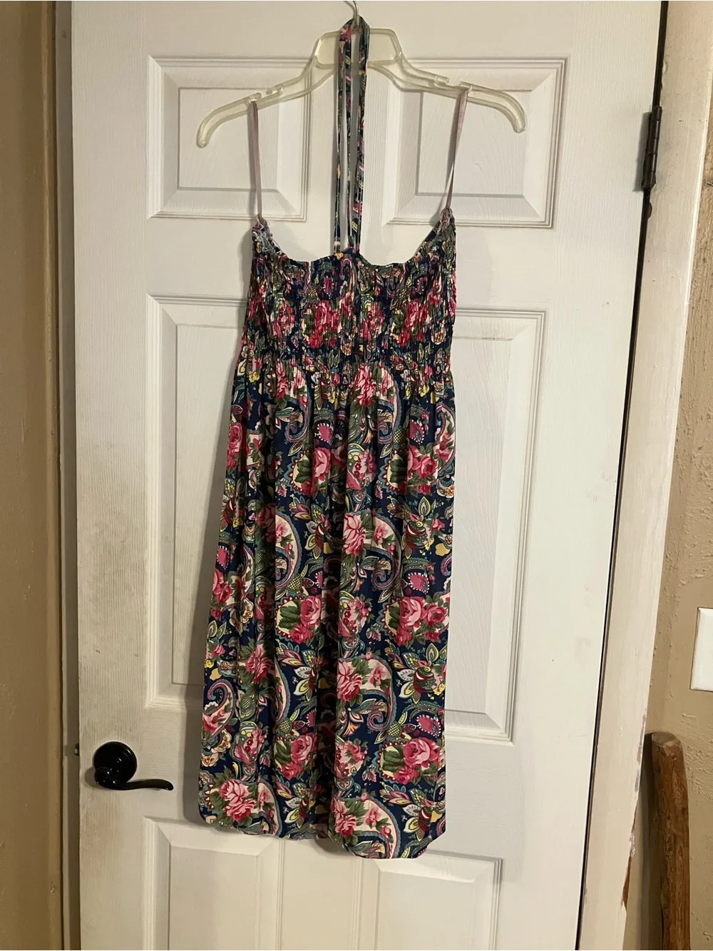 Vintage Y2K Paisley Floral Smocked Halter Tunic Dress Blue Size XL